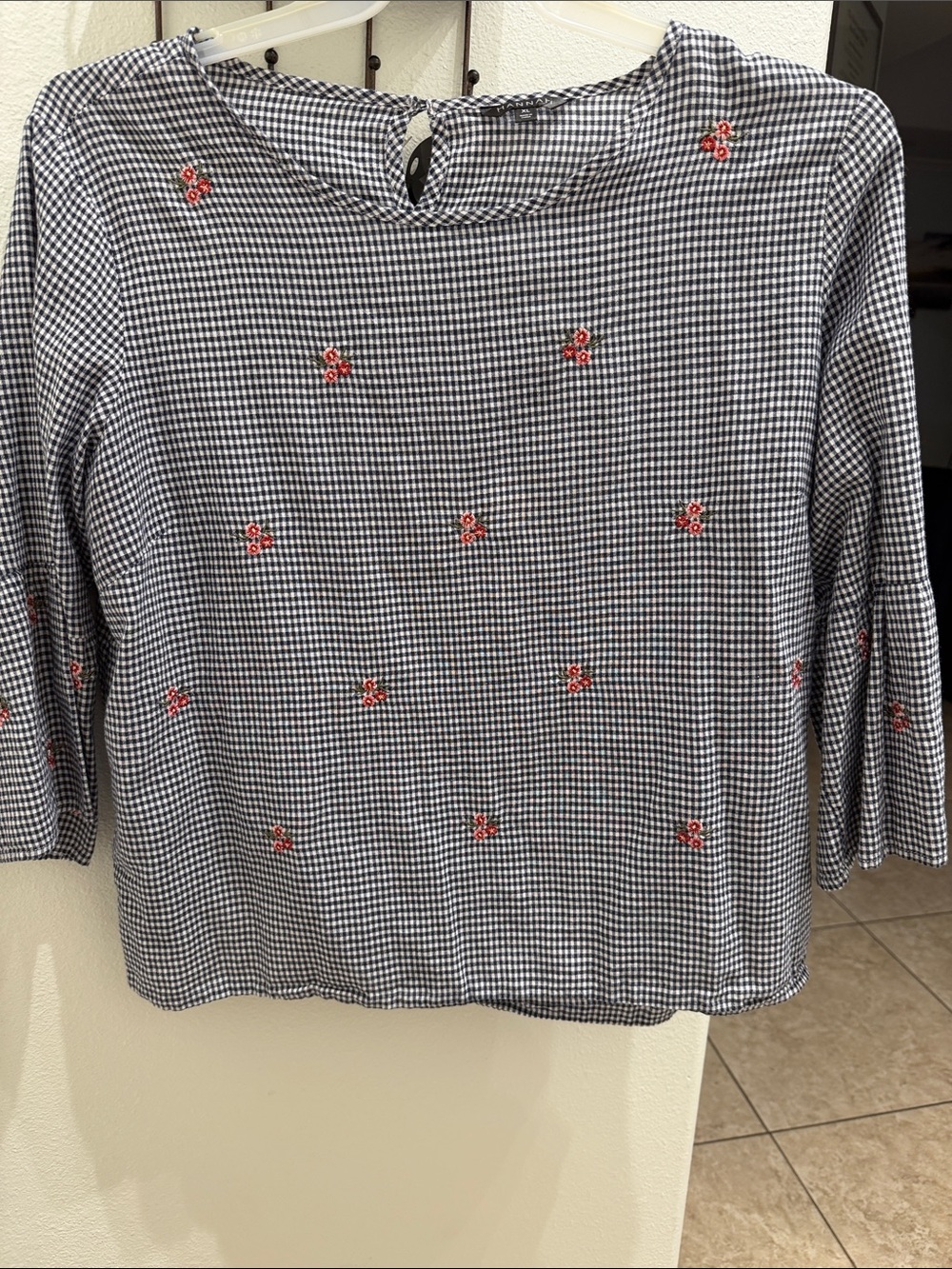 Hannah Black & White Gingham Top with Red Floral Embroidery